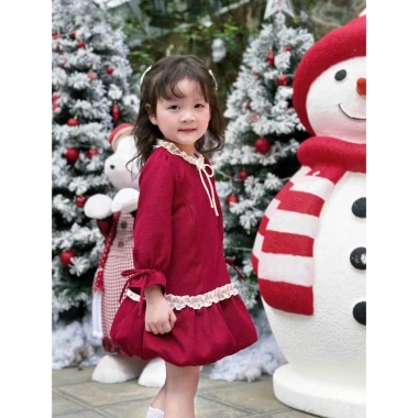 Set Váy Bé Gái Dạ Dàng Quả Bí, Phối Cổ Nơ Đính Đá Tone Đỏ Size 9 (28kg) Giá Ưu Đãi 249.100 VND 4