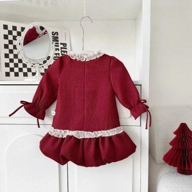Set Váy Bé Gái Dạ Dàng Quả Bí, Phối Cổ Nơ Đính Đá Tone Đỏ Size 9 (28kg) Giá Ưu Đãi 249.100 VND 9