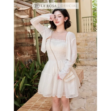 Set Váy Chấm Bi La Rosa - Cúp Ngực Nhún, Thun Xòe Nhẹ + Cardigan Mỏng Dài Tay - 479k