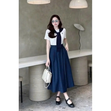 Sét Váy Công Sở 3 Món Nữ Áo Mix + Cà Vạt, Chân Váy Bò Sang Trọng Giá 215.000₫ 2