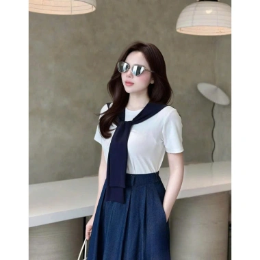 Sét Váy Công Sở 3 Món Nữ Áo Mix + Cà Vạt, Chân Váy Bò Sang Trọng Giá 215.000₫ 3