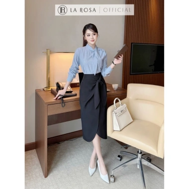 Set Váy Công Sở LaRosa Áo Sơ Mi Nơ Xanh và Chân Váy Bút Chì Thắt Nơ Dáng S885 Giá 415k 2