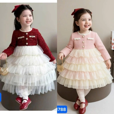 Sét váy dạ bé gái cao cấp, đầm tết sang chảnh phối voan tầng, giá chỉ 199.000₫