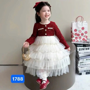 Sét váy dạ bé gái cao cấp, đầm tết sang chảnh phối voan tầng, giá chỉ 199.000₫