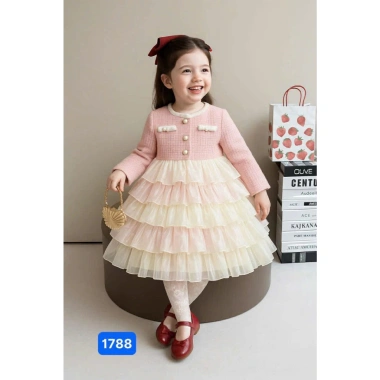 Sét váy dạ bé gái cao cấp, đầm tết sang chảnh phối voan tầng, giá chỉ 199.000₫