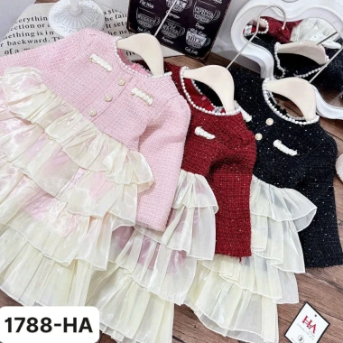 Sét váy dạ bé gái cao cấp, đầm tết sang chảnh phối voan tầng, giá chỉ 199.000₫