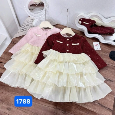 Sét váy dạ bé gái cao cấp, đầm tết sang chảnh phối voan tầng, giá chỉ 199.000₫