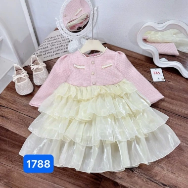Sét váy dạ bé gái cao cấp, đầm tết sang chảnh phối voan tầng, giá chỉ 199.000₫