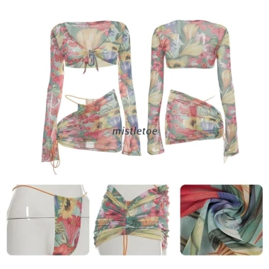 Set váy đi biển 3 món: croptop tay dài, quần lót lọt khe, chân váy ngắn hoa xếp ly - thời trang nữ