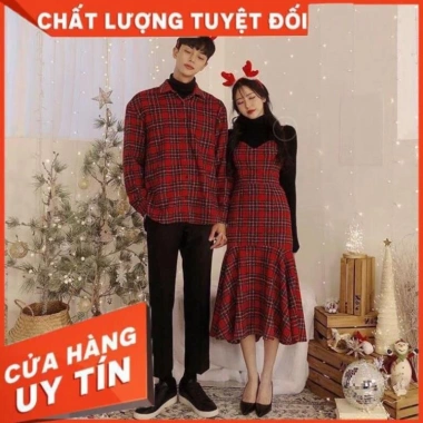 Set váy đôi sơmi nam sọc caro đỏ chụp ảnh đẹp, giá rẻ 140.000 VNĐ khuyến mãi