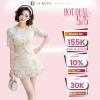 Set Váy La Rosa áo ngắn cổ tròn tay bồng, cúc nổi bật, chân váy xếp ly nhún tôn dáng 479k