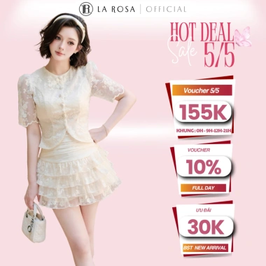 Set Váy La Rosa áo ngắn cổ tròn tay bồng, cúc nổi bật, chân váy xếp ly nhún tôn dáng 479k