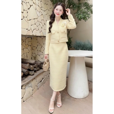 Set váy Mai Vàng s822: Áo dạ hoa trà + chân váy bút chì sang trọng, tiệc Tết cao cấp - Giá ưu đãi 659.000₫