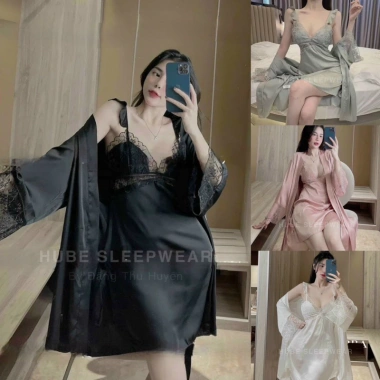Set Váy Ngủ Áo Choàng Lụa Dây Cánh Tiên Viền Ren Sexy Cao Cấp Sleepwear 455k