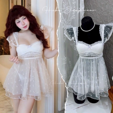Set Váy Ngủ Cao Cấp Hube Sleepwear - Áo Choàng Voan Nơ Nhí, Ren, Lụa, Chấm Bi, Viền Ngực Xoè, Tầng, Giá 435.000 VND 10