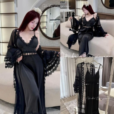 Set Váy Ngủ Lụa và Áo Choàng Voan Ren Viền Eo Lỗ Cổ Sang Chảnh QC Cao Cấp - Hube Sleepwear