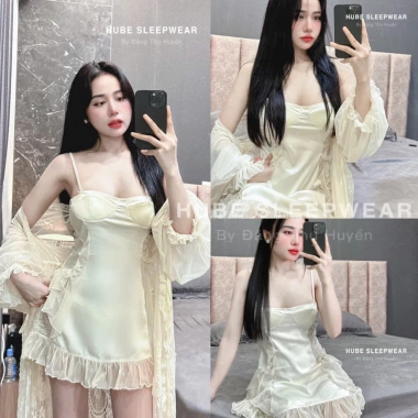Set Váy Ngủ Midnite và Áo Choàng Lụa Ren Viền Eo Bèo - Sexy, Giá ưu đãi 395.000 VND