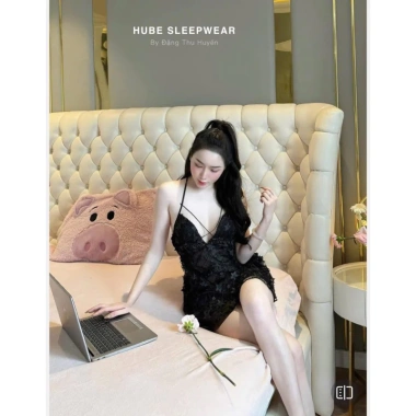 Set váy ngủ ren lưới + áo choàng voan tơ đính sao, dây chéo, đệm ngọc Loại 1 - 395k 9