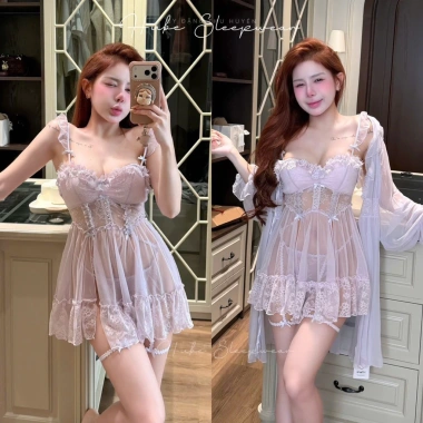 Set Váy Ngủ và Áo Choàng Bèo Ren Cao Cấp - Nhún Ngực, Dây Nơ Nhí, Xẻ Xuyên Thấu - Hube Sleepwear Giá Ưu Đãi 445k