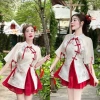 Sét váy Tết thêu cổ tàu, nút 1 bên, tay lững, nơ tà, xẻ dài mix voan tơ xòe + quần, size 1M (38-56kg) - Giá 219.000