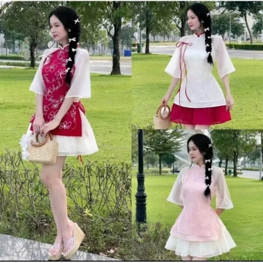 Set váy tiểu thư Tết áo dài cổ tàu voan hoa đính nơ, chân váy tơ lót - 238.403₫ 4