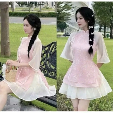 Set váy tiểu thư Tết áo dài cổ tàu voan hoa đính nơ, chân váy tơ lót - 238.403₫ 5