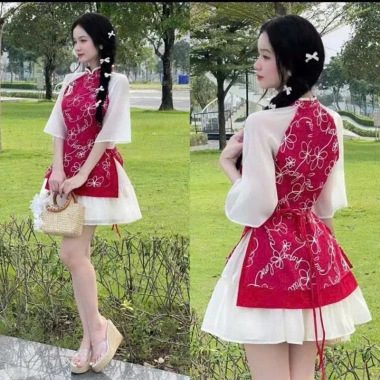 Set váy tiểu thư Tết áo dài cổ tàu voan hoa đính nơ, chân váy tơ lót - 238.403₫ 7