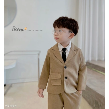 Set vest dài tay bé trai Beemo 2 túi vải text chéo mềm mại, cà vạt tặng, phù hợp sự kiện và Tết 23.316B1