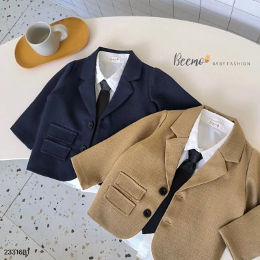 Set vest dài tay bé trai Beemo 2 túi vải text chéo mềm mại, cà vạt tặng, phù hợp sự kiện và Tết 23.316B1