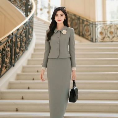 Sét Vets Công Sở Nữ Áo Vest Cổ Sen + Chân Váy Dài Thanh Lịch Giá 379.000 VND