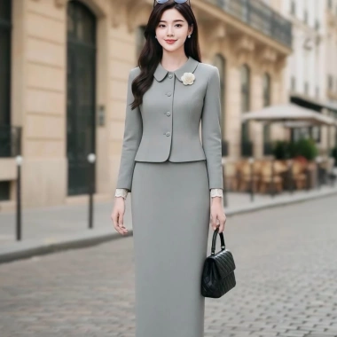 Sét Vets Công Sở Nữ Áo Vest Cổ Sen + Chân Váy Dài Thanh Lịch Giá 379.000 VND
