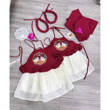 Set Yếm Đỏ Chân Váy Bé Gái + Mấn Khăn Hoa Thiết Kế Trung Thu Lễ Tết - Giá 134k