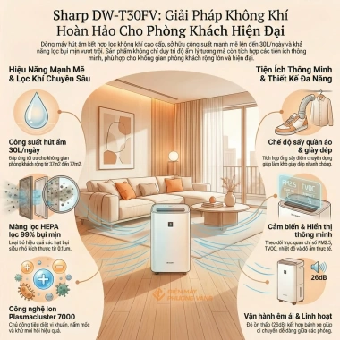 Sharp DW-T30FV Máy hút ẩm lọc không khí 30L/ngày 77m2, xuất VAT, giá 5,2 triệu, BH 12 tháng