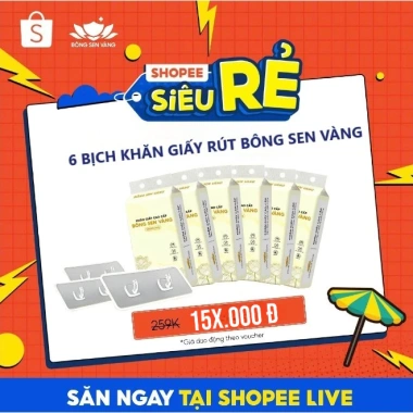 Shopee Live Thùng 6 Bịch Khăn Giấy Rút Bông Sen Vàng Treo Tường - Tặng 3 Móc Treo, Giá 259k