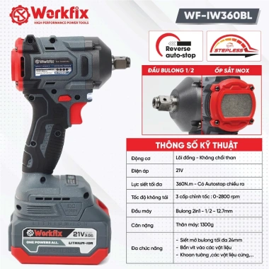 Siết bulong WORKFIX WF-IW360N đầu 2 trong 1, lực siết 360Nm, bảo hành 12 tháng - 424.000₫