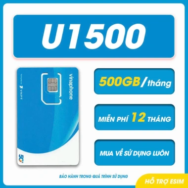 Sim Vina U1.500 5G 12 tháng 500GB/tháng không nghe gọi, eSIM, dùng ngay - 960k
