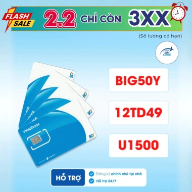 Sim Vinaphone 5G 0h 3.3 Voucher 100k - 12TD49, Big50y, U1.500, data tốc độ cao, eSIM, giá 480.000đ