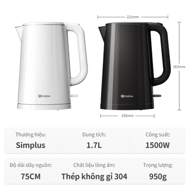 Simplus Ấm Đun Nước Dung Tích 1.7L 1.500W 2 lớp chống bỏng DRSH007 - Bảo hành 1 năm, đổi 1:1, chỉ 379.000₫ 9