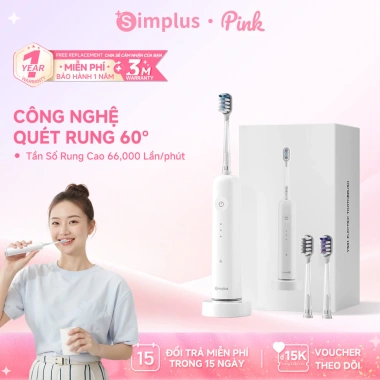 Simplus Pink Bàn Chải Điện 66k Lần/phút 6 Chế Độ 3 Đầu Sạc Từ DDYS008 - 979.000₫