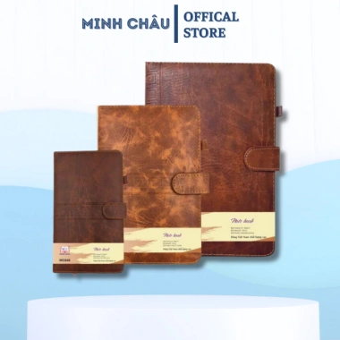 Sổ bìa da Minh Châu 816-848, khuy bấm da vàng bò & cà phê, giấy 70g, giá 40.230₫