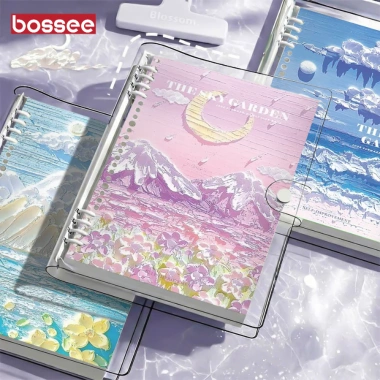 Sổ còng sắt A5/B5 hoạ tiết tranh sơn dầu, thay giấy nhanh, 120 trang bullet journal kẻ ngang caro Bossee 5