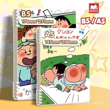 Sổ còng Shin-chan A5 B5 120 trang bìa nhựa dẻo giấy kẻ ngang caro Bossee 15.000đ