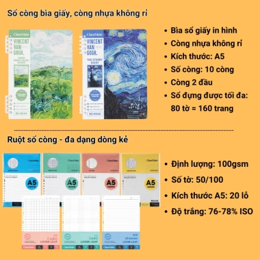 Sổ Còng Van Gogh 100GSM - Nhựa Không Gãy, Không Gỉ, Giấy Refill Kẻ Ngang/Caro/Chấm 10 Sổ Còng Van Gogh 100GSM - Nhựa Không Gãy, Không Gỉ, Giấy Refill Kẻ Ngang/Caro/Chấm 10