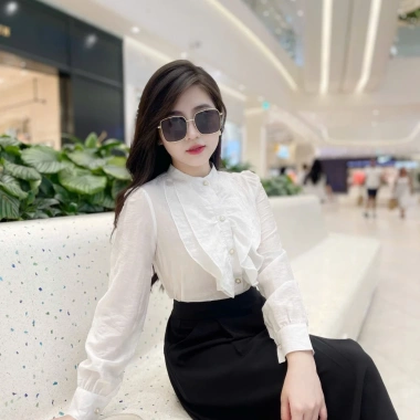 Sơ mi nữ cổ tàu dài tay Evalover bèo ngực lụa tơ thanh lịch - giảm giá 249.000₫