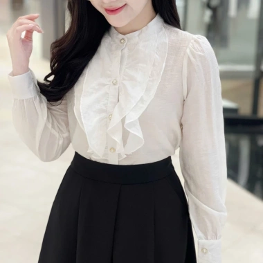 Sơ mi nữ cổ tàu dài tay Evalover bèo ngực lụa tơ thanh lịch - giảm giá 249.000₫
