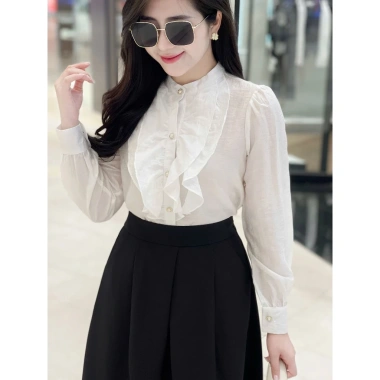 Sơ mi nữ cổ tàu dài tay Evalover bèo ngực lụa tơ thanh lịch - giảm giá 249.000₫