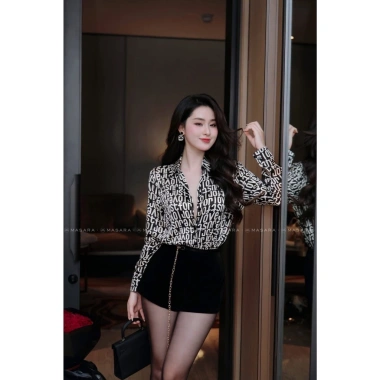 Sơ mi nữ lụa dài tay cao cấp công sở họa tiết chữ trắng phối nền đen - MQ Boutique 3