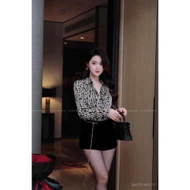 Sơ mi nữ lụa dài tay cao cấp công sở họa tiết chữ trắng phối nền đen - MQ Boutique 5