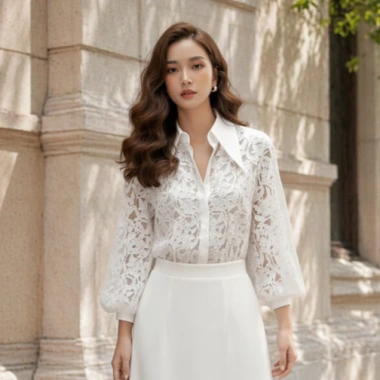Sơ mi nữ ren hoa trắng dài tay 2 lớp công sở thanh lịch, dễ mặc - 289k