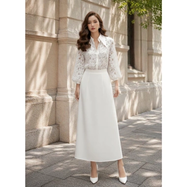 Sơ mi nữ ren hoa trắng dài tay 2 lớp công sở thanh lịch, dễ mặc - 289k